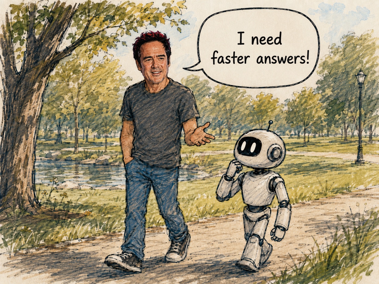 Illustration of an executive telling a small robot he needs faster answers