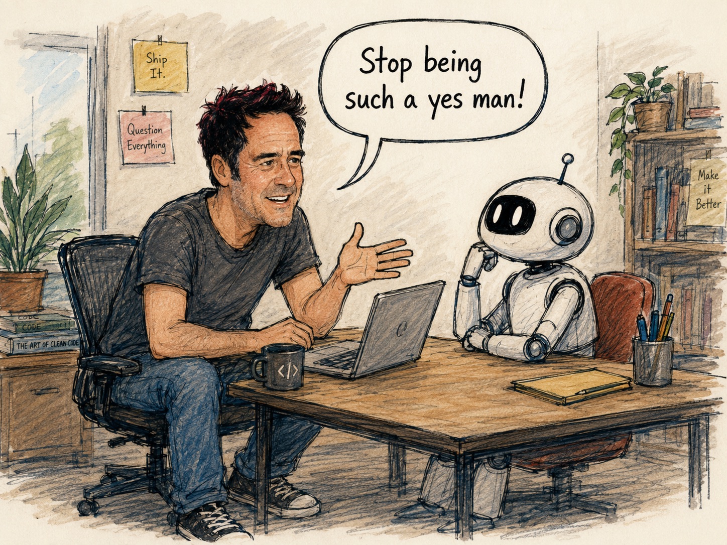 Illustration of an executive telling a robot at his desk to stop being such a yes man