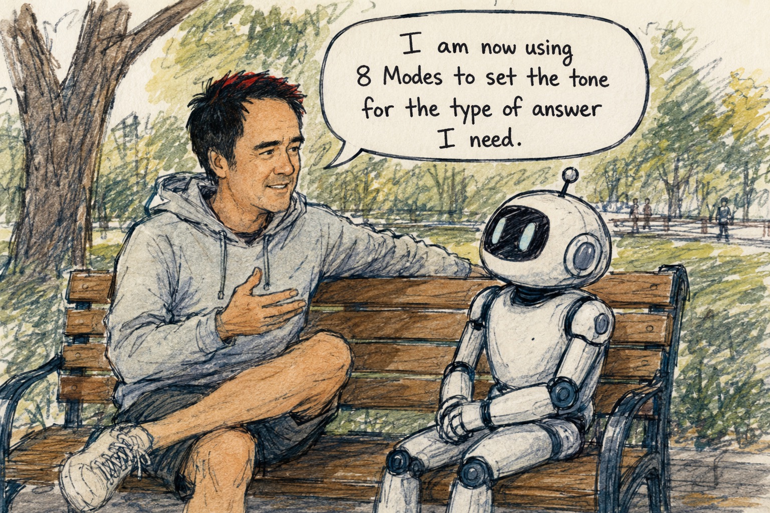 Illustration of an executive telling a robot on a park bench that he now uses 8 modes to set the tone for the type of answer he needs