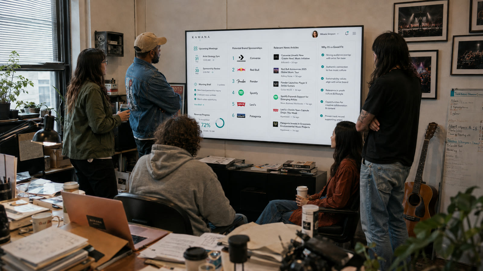 Music management team reviewing an intelligence dashboard
